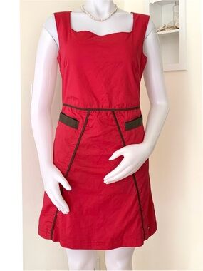 Skunkfunk red sleeveless sheath dress with dark brown trim